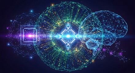 Advanced AI luminous core glowing with radiant beams, interconnected neural pathways, and immersive high-tech energy flow.
