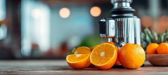 A closeup of freshly cut oranges next to a juicer, showcasing the ingredients for a healthy and vibrant homemade orange juice