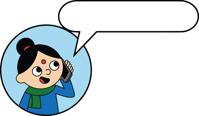 Cartoon girl talking on mobile phone with speech bubble, cute character illustration for communication, chat, messaging, call, technology design.