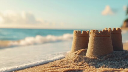 A delightful scene of a family building three charming sandcastles on a sunny beach day. Fun and relaxation guaranteed.