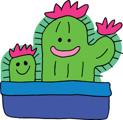 Two happy smiling green cacti with pink flowers in flower pot. Hand drawn doodle children drawings. Cute kids background for your design. Vector cartoon elements