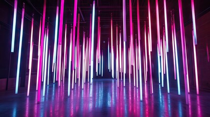 Illuminated vertical tubes create a vibrant, glowing space.