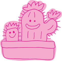 Pink cute happy smiling cactus with flowers in pot. Hand drawn doodle children drawings. Cute kids background for your design. Vector cartoon elements. Pink curved lines