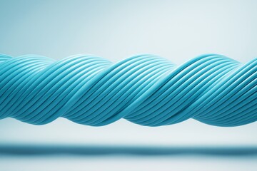 Abstract twisted blue cable structure with smooth glossy surface forming wave pattern on light gradient background. Ai generative.