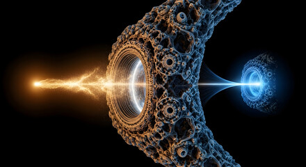 An energy particle travels through a complex fractal wormhole in space, a visual metaphor from quantum consciousness experiments for exploring higher dimensions or alternate realities.