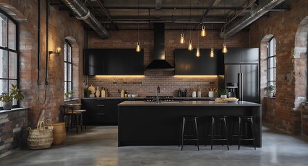 Sophisticated Industrial Loft Kitchen with Exposed Brick Walls, Sleek Black Cabinetry, and Modern Island Design