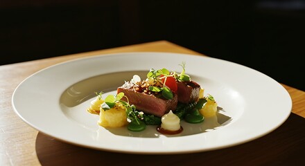 An elegantly plated gourmet dish featuring seared meat, vegetable pur&eacute;e, and delicate garnishes under dramatic side lighting