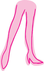Female legs in high heels standing straight with one leg extended forward, front view. Outlines with curved pink lines in grunge style, sketch, pink lines on pink background, doodles drawn with brush