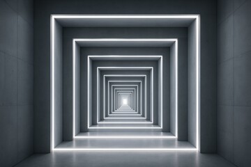 Fototapeta premium Futuristic abstract hallway with glowing white light frames and concrete walls forming infinite geometric tunnel perspective background. Ai generative