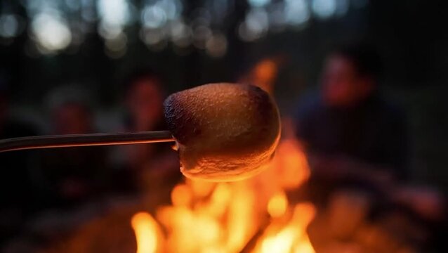 Happy family roasting marshmallows over a campfire on National Toasted Marshmallow Day words + concept with copy space