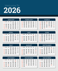 2026 Editable Calendar Vector Template with Red Holiday Markings and Grey Weekend Highlights