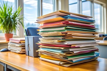 A tall stack of colorful files and documents on a wooden desk in an office with a plant and window in the background