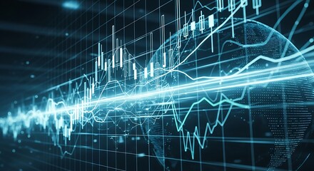 Abstract glowing blue financial stock market graph with world map overlay