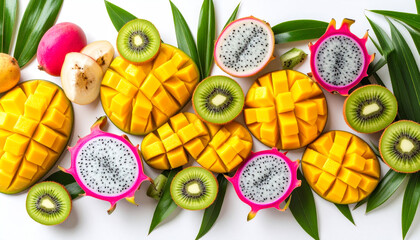 Exotic tropical fruit flat lay with fresh mango, kiwi, and dragon fruit on a white background