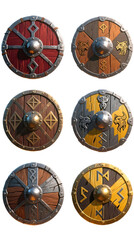 Fototapeta premium A collection of six circular Viking shields with various designs, colors, and metal accents, arranged in a grid on a white background.