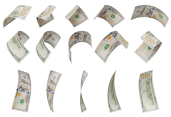Build Your Own - Randomly Falling Collection of U.S. 100 Dollar Bills on a Transparent Background. Transparent PNG.