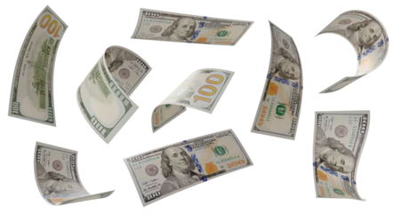 Build Your Own 2 (of 3) - Randomly Falling Collection of U.S. 100 Dollar Bills on a Transparent Background. Transparent PNG.