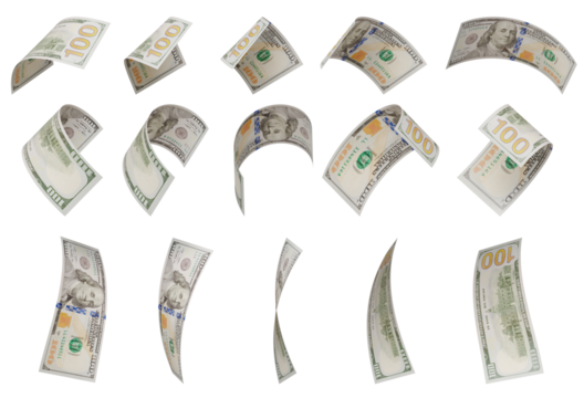 Build Your Own - Randomly Falling Collection of U.S. 100 Dollar Bills on a Transparent Background. Transparent PNG.