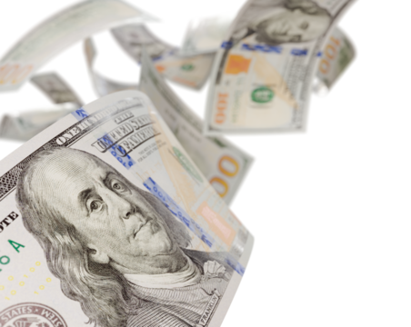 Randomly Falling U.S. 100 Dollar Bills on a Transparent Background. Transparent PNG.