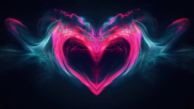 Abstract heart shape formed by vibrant, swirling lines of pink and teal light against a dark background