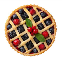 Baked fruit pie with berries and a latticed crust isolated on a white background top view