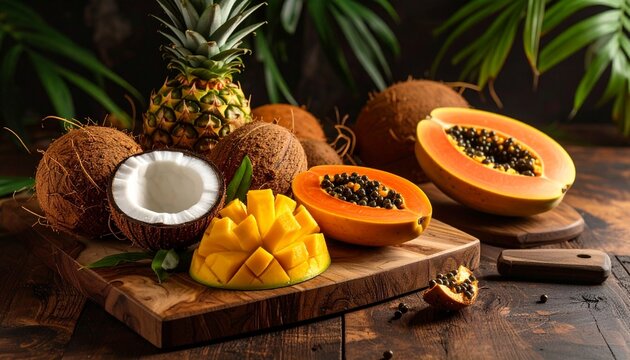 Tropical Fruit on a Wooden Cutting Board