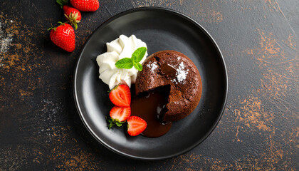 Delicious Chocolate Lava Cake with a Molten Center, Served with Fresh Strawberries and Cream