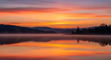 Obraz premium Vibrant Sunrise Over Serene Lake with Misty Haze.