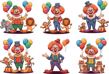 Funny circus clown cartoon with balloons, clown and animals illustration, comedy entertainer artwork, colorful festival celebration, happy character performance scene