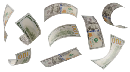Build Your Own 1 (of 3) - Randomly Falling Collection of U.S. 100 Dollar Bills on a Transparent Background. Transparent PNG.