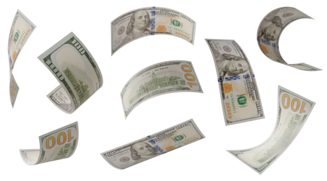 Build Your Own 1 (of 3) - Randomly Falling Collection of U.S. 100 Dollar Bills on a Transparent Background. Transparent PNG.