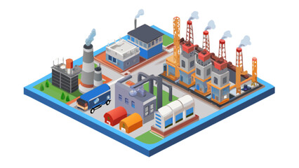 Obraz premium Modern isometric factory illustration showcasing industrial production and environmental considerations, perfect for presentations on manufacturing, energy, transportation, and technology