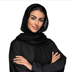 A realistic photograph of an Emirati woman wearing a black abaya isolated on a white background She is smiling and looking at the camera with her arms crosse