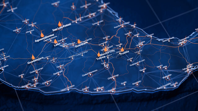 Fototapeta Toluca map big data visualization. Futuristic map infographic of city in Mexico. Visual map data complexity in modern blue and orange colors