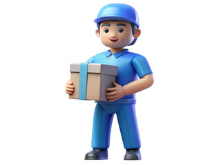Delivery man cartoon character holding package smiling service person in blue uniform 3d illustration isolated on transparent background