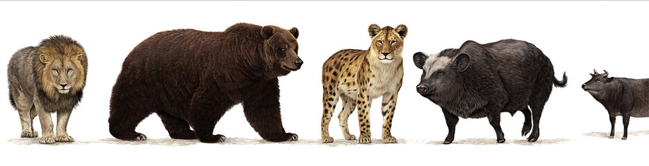 Telegram photo of four animals a bear on the left side in a frontal view a hyena standing to the right of it a lion far behind and a wild boar standing next