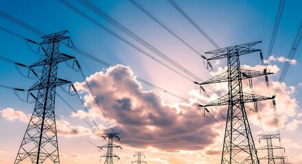 Towering electricity pylons carrying power lines against a dramatic sky with clouds and sunlight