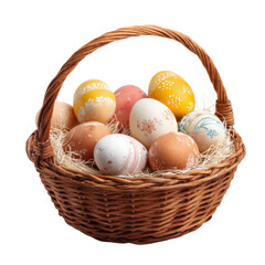 Beautifully decorated Easter eggs in a woven basket with straw, colorful designs for spring celebrations and festive decorations