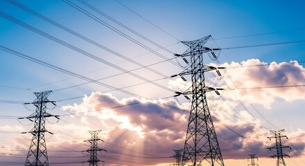 Fototapeta premium Silhouettes of towering electricity pylons against a dramatic sunset sky with wispy clouds