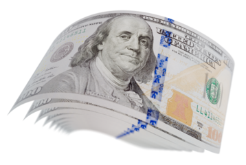 Abstract Set of Falling Collection of U.S. 100 Dollar Bills on a Transparent Background. Transparent PNG.