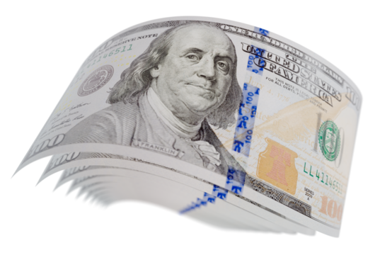 Abstract Set of Falling Collection of U.S. 100 Dollar Bills on a Transparent Background. Transparent PNG.