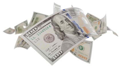 Randomly Falling U.S. 100 Dollar Bills on a Transparent Background. Transparent PNG.