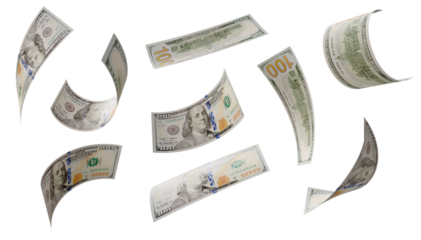 Build Your Own 3 (of 3) - Randomly Falling Collection of U.S. 100 Dollar Bills on a Transparent Background. Transparent PNG.