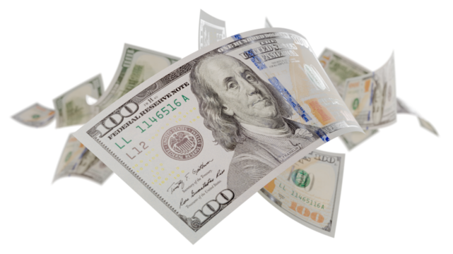 Randomly Falling U.S. 100 Dollar Bills on a Transparent Background. Transparent PNG. - Powered by Adobe