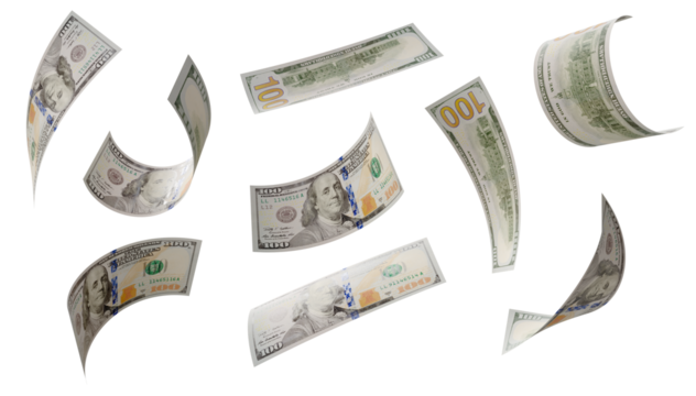 Build Your Own 3 (of 3) - Randomly Falling Collection of U.S. 100 Dollar Bills on a Transparent Background. Transparent PNG.