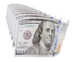 Abstract Set of Falling Collection of U.S. 100 Dollar Bills on a Transparent Background. Transparent PNG.