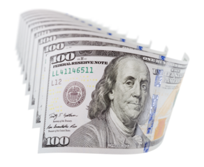 Abstract Set of Falling Collection of U.S. 100 Dollar Bills on a Transparent Background. Transparent PNG.