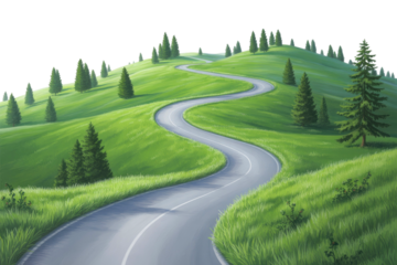 Winding Road Through Green Hills Isolated on Transparent Background 