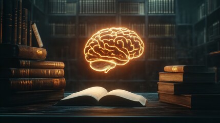 Glowing brain above an open book surrounded by stacks of books in a dimly lit library setting