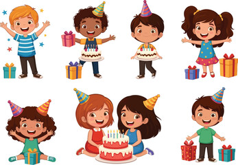 Children Celebrating Birthday Party with Cake, Presents, and Fun, Happy Kids in Colorful Party Hats, Cartoon Style Illustration